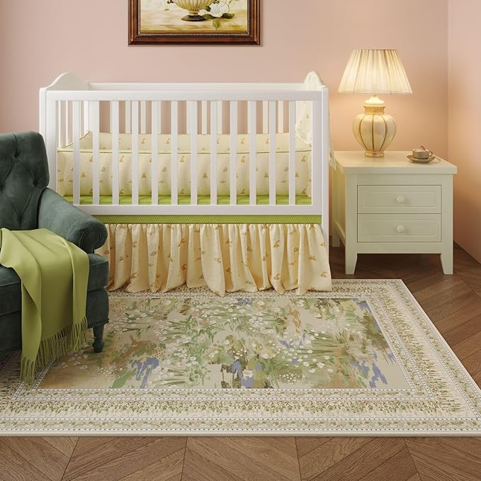 Area Rugs 8x10 Clearance Impressionist-Style Vintage Washable Area Rug Non Slip Low Pile Large Rug for Bedroom Farmhouse Dining Room Kids Playroom, Beige