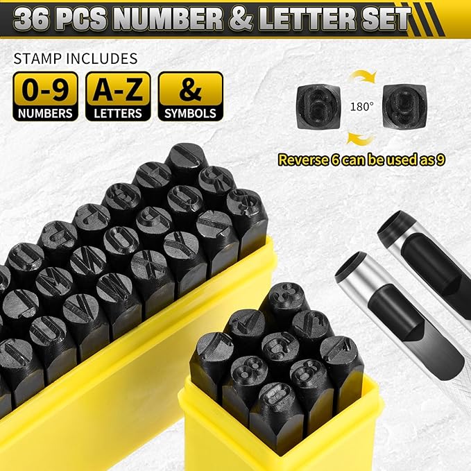 WorkBless 36PCS Metal Stamping Kit, 5/16" (8mm) Steel Number and Letter Punch Set, Include A-Z Alphabet, Number 0-8, & Symbol, Stamping Tool for Imprinting Plastic, Wood, Leather, Jewelry