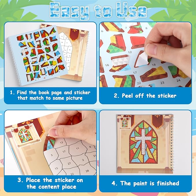 4Pcs Bible Paint by Sticker Books Sticker by Number Books Activity Book Stickers Puzzle Book Christian Craft Art Gift Set Party Favor with Jesus Bible Cross 32 Pictures