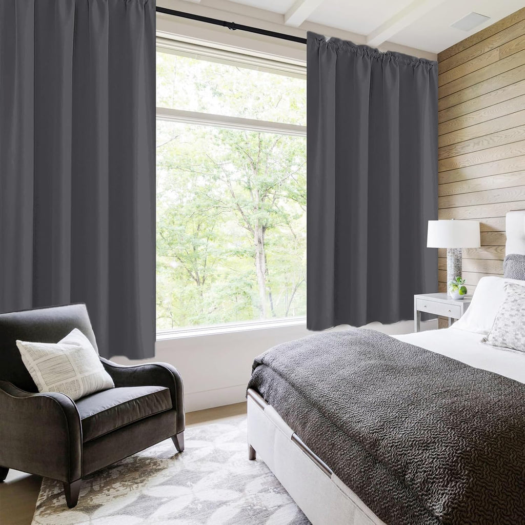 DWCN Bedroom Curtains Blackout Drapery Panels 54 Inch Length 2 Panels Set, Three Pass Microfiber Thermal Insulated Energy Saving Rod Pocket Window Treatment Drapes (W52 x L54 Inch, Dark Grey)