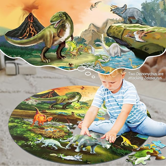 Floor Puzzles for Kids Ages 3-8, 70 Piece Dinosaur Jigsaw Puzzle for Kids Ages 3+ Year Old Large Round Toddler Puzzles Preschool Learning Educational Toys Gift for Boys Girls (Tyrannosaurus)
