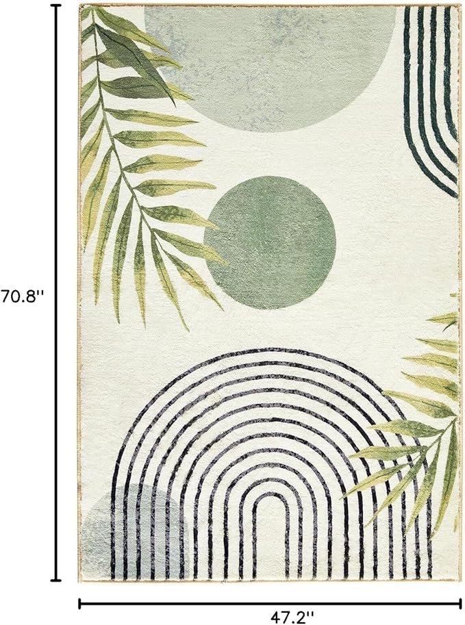 RoomTalks Mid Century Modern Washable Rug, Green Boho Cute Aesthetic 4x6 Area Rugs for Bedroom Dining Living Room Kitchen, Abstract Tropical Leaves Non Slip Thin Indoor Entryway Rug Throw Carpet