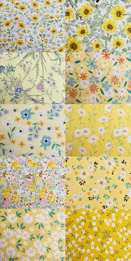 HANPATQUI 50PCS 8 x 8 inch Yellow Printed 100% Cotton Fat Quarters Fabric for Sewing and Quilting Bundles Precut Fabric Square for DIY Craft Patchwork