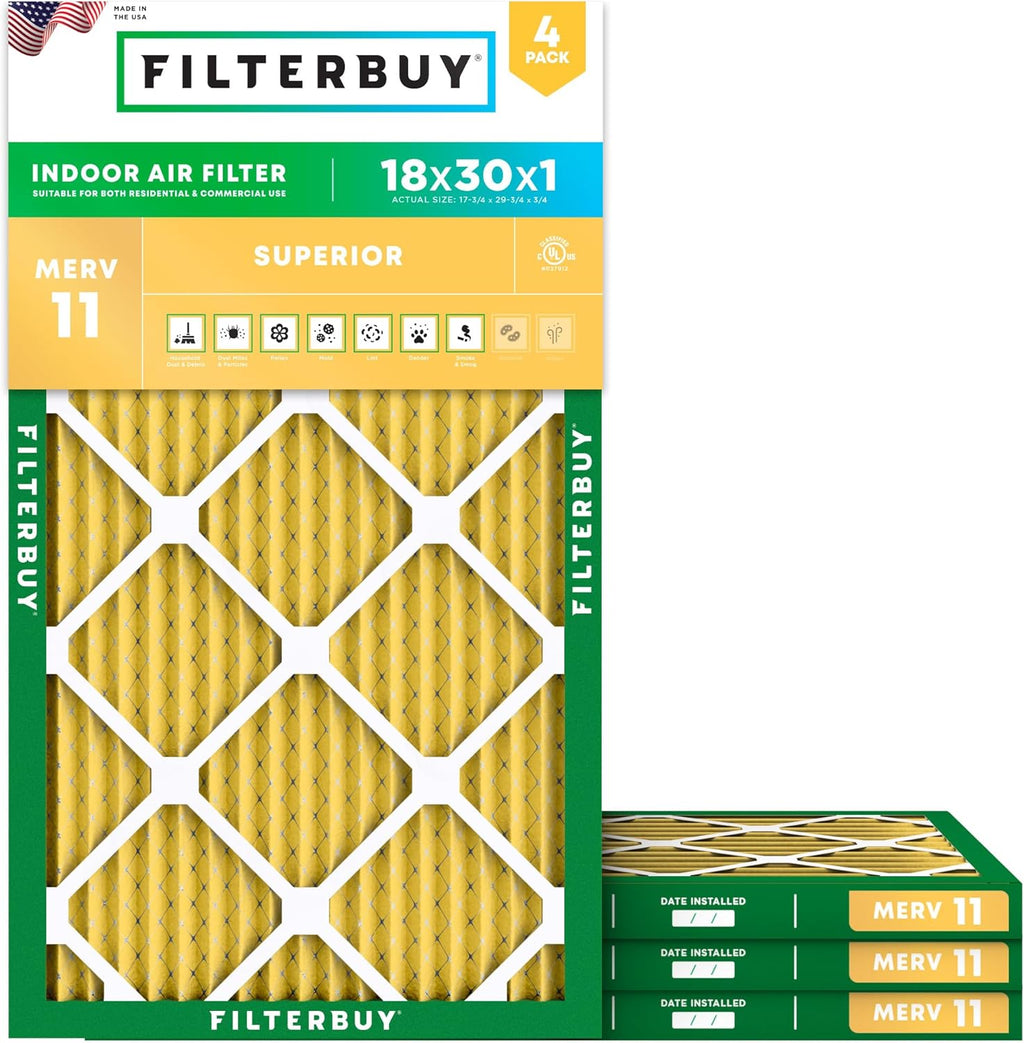 Filterbuy 18x30x1 Air Filter MERV 11 (MPR 1200) Allergen Defense Replacement (4-Pack), Electrostatic Pleated HVAC AC Furnace Filters, Made in USA (Actual Size: 17.75 x 29.75 x 0.75)