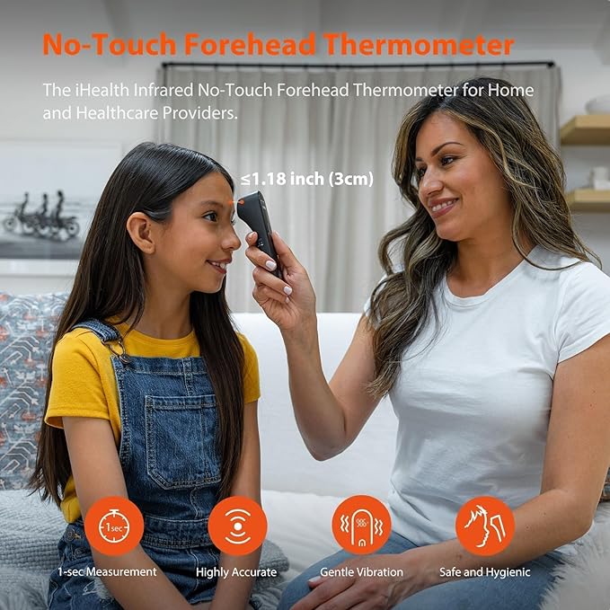 iHealth No-Touch Digital Forehead Thermometer for Adults, Babies, Kids - FSA HSA Eligible, 3 Ultra-Sensitive Sensors, Quiet Vibration Feedback, Large LED Digits, Easy to Use for Home, PT3 Black