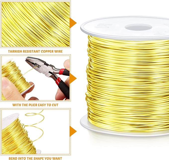 Funrous 5 Rolls 5 Size Jewelry Wire 18, 20, 22, 24, 26 Gauge Copper Wire Kit Jewelry Beading Bendable Craft Metal for Making Crafts, Sculpting with a Pliers(Gold)