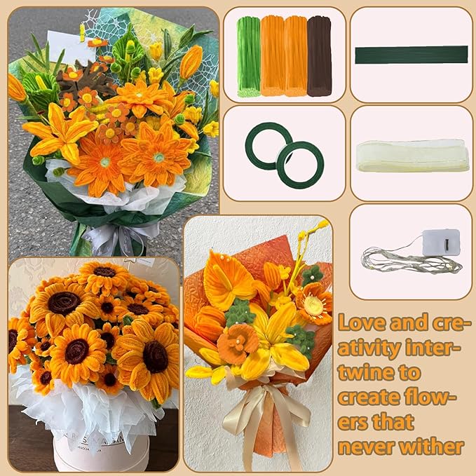 LOLEDE 400Pcs Pipe Cleaners Craft Kit, 3 Colors Chenille Stems for DIY Artificial Flower Making with Floral Wires, Gardening Tape, LED String Lights, Pearl Beads & Ribbon (Yellow)