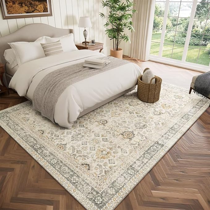 Washable 6x9 Area Rugs for Living Room, Boho Non-Slip Silicone Backing Large Rugs for Bedroom Dining Room Nursery Office, 0.3" Neutral Oriental Throw Carpet with 0.16" Cushioning Pad, Grey/Multi