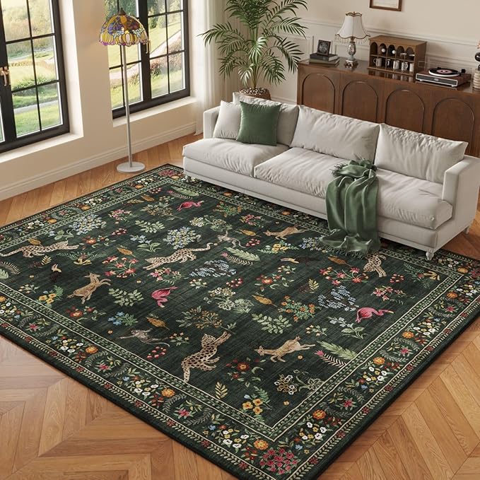 Rugcomf Area Rugs 8x10 Rug for Living Room Clearance Washable Boho Area Rug Non Slip Floral Animal Vintage Low Pile Large Rug for Living Room, Bedroom, Farmhouse, Dining Room, Kids Playroom (Green)