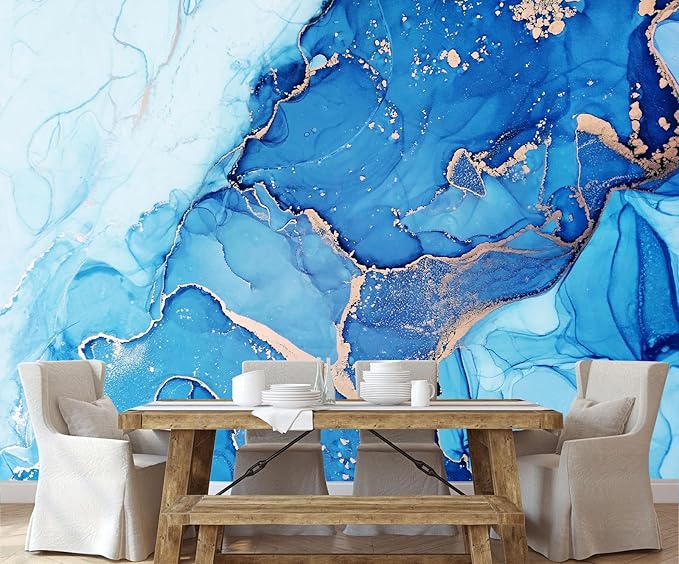 Blue Marble Wallpaper Abstract Gold Art Mural Wallpaper for Living Room Bedroom Dining Room Basement(Not Self-Adhesive)