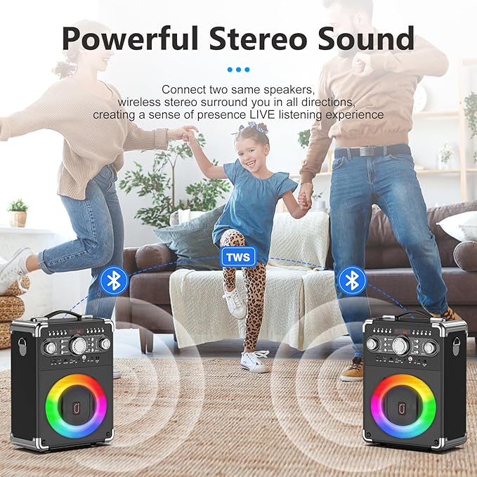 Karaoke Machine with 2 Wireless Microphones for Adults, Portable Bluetooth Party Speaker with Echo Adjustment, Singing Machine Support TWS/USB/TF Card/Guitar/TV Connected for Outdoor/Events etc