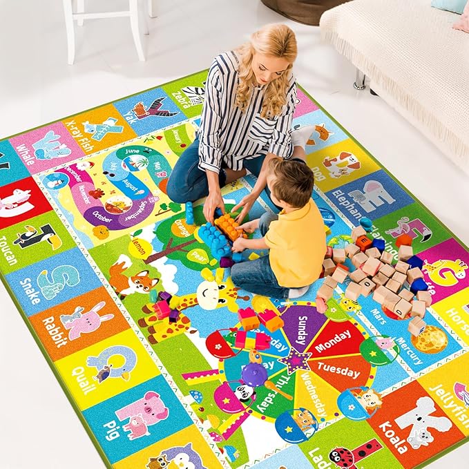 Kids Rug for Playroom, Kids Baby Playmat with Alphabet, Month, Weather, Week and Shapes ABC Educational Rug, Play Mat Carpet for Bedroom Classroom (110.2X78.7 INCH, Ferris Wheel)