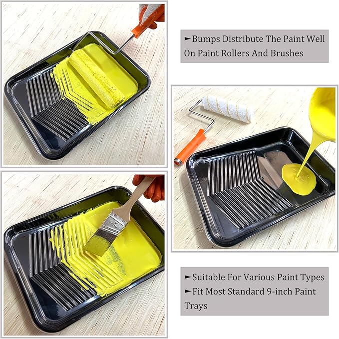 Great Andrew 9 Inch Paint Tray Set, 15-Pack, Plastic Paint Tray with 12 Textured Tray Liners, Paint Roller Liners Kit with Roller and Wire Roller Frame for Painting Walls, Ceilings, Trim, Siding