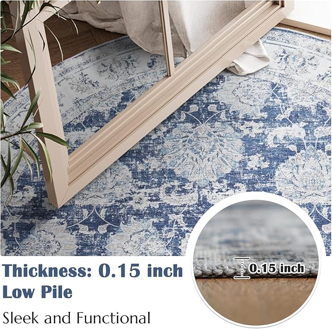 jinchan Round Rug 4ft Area Rugs Vintage Floral Distressed Design - Machine Washable Non-Slip Low-Pile Ultra-Thin Circle Rug for Entryway Bedside Living Room Dining Room Bedroom (4' Round,Dark Blue)