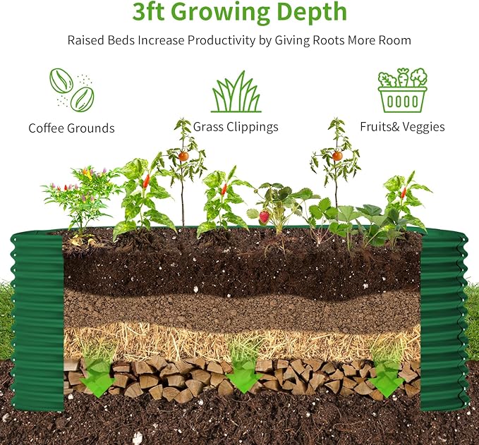 Land Guard 8x4x3ft Oval Galvanized Raised Garden Beds, Large-Capacity Metal Planter Box Outdoor, Durable Deep Raised Garden Bed 3ft Tall, Raised Beds for Gardening Vegetables, Forest Green