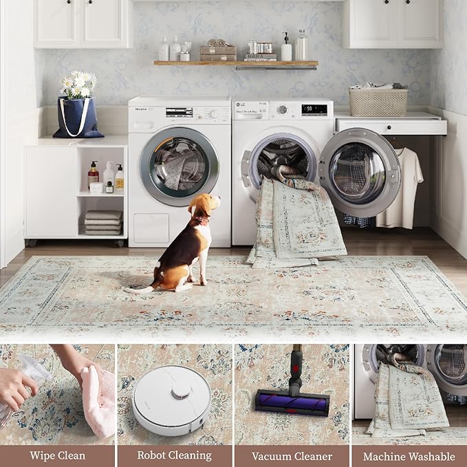jinchan Washable Area Rug 4x6 Ultra-Thin Low Pile Non-Slip Stain Resistant Soft Faux Wool Spring Floral Rug Distressed Vintage Carpet for Bedroom,Living Room,Dining Room,Kitchen,Nursery(Pink, 4' x 6')