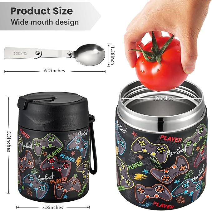 17oz Soup Thermo for Hot Food Kids,Insulated Food Jar with Spoon,Thermo Hot Food Lunch Container,Wide Mouth Leakproof Stainless Steel Lunch Box for School-Black Game