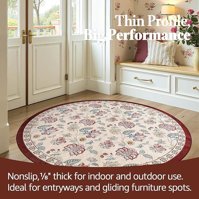 jinchan 5ft Floral Round Rug for Entryway Washable Kitchen Rug Vintage Romance Design Non Slip Indoor Doormat Lightweight Low-Profile Throw Carpet for Living Room Dining Room Bedroom, Red/Beige