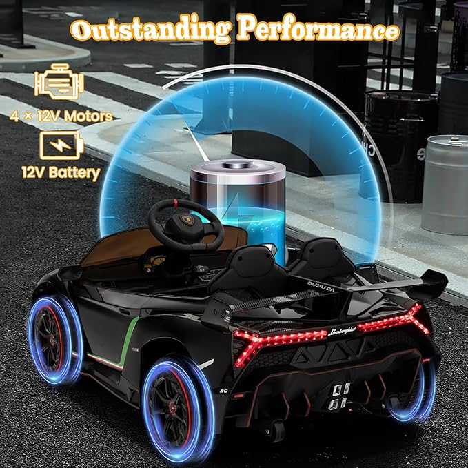 Costzon Ride on Car, Lamborghini Licensed 12V Battery Powered 4WD Sports Car with Remote Control, 3 Speeds, Hydraulic Doors, LED Lights, Towing Wheel, Horn, Music, Electric Vehicle for Kids Aged 3-8