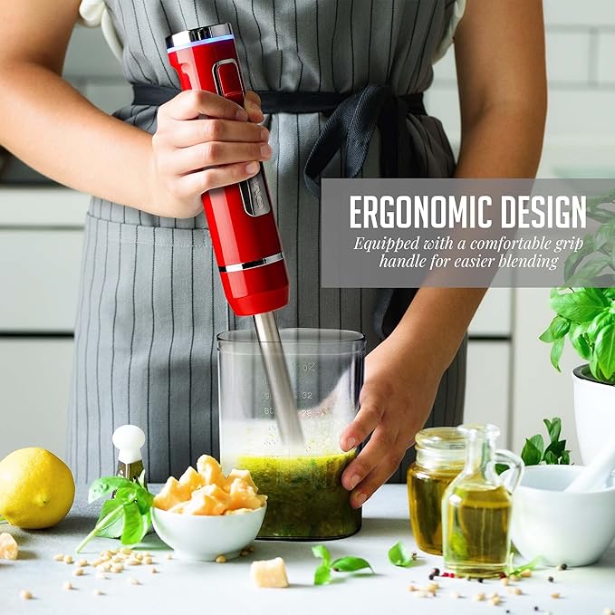 OVENTE Cordless Immersion Hand Blender, Rechargeable Handheld Portable Stick Mixer with 8 Mixing Speed Option, One-Touch Control and Stainless Steel Blades for Smoothies, Shakes or Soups, Red HR781R