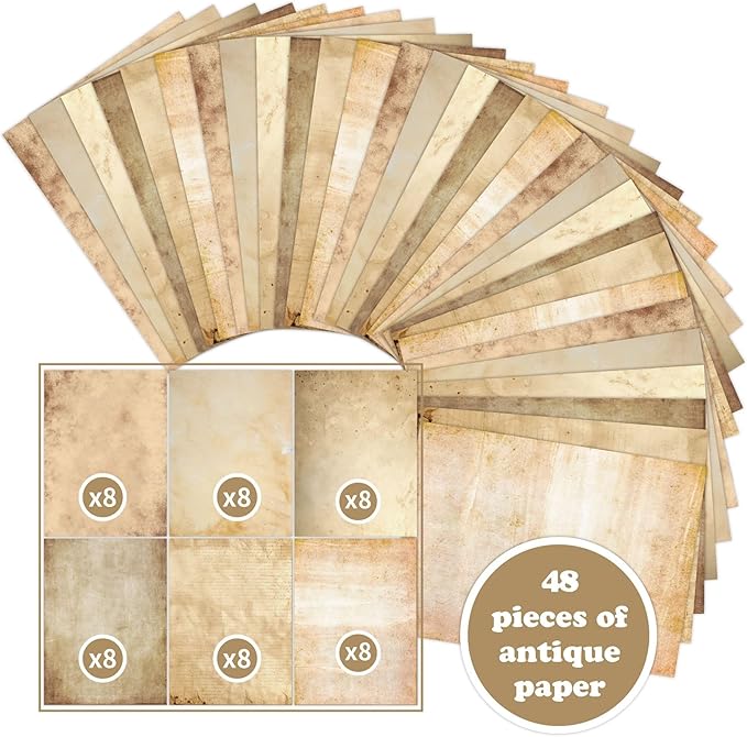 100GSM 48Sheets Vintage Antique Printing Paper, A4 8" x 11" Double-sided Old Looking Parchment Aged Paper for Letter Writing, Scrapbooking,Handmade Craft,Resume,Certificate
