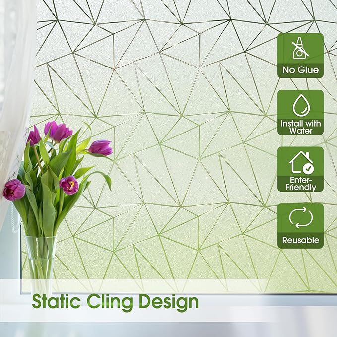 Coavas Window Privacy Film, Frosted Glass Static Cling, Decorative for Bathroom Door Covering, UV Blocking Window Cling, Non-Adhesive Vinyl Sticker, Day and Night Tint for Home, 35.4x78.7 Inch