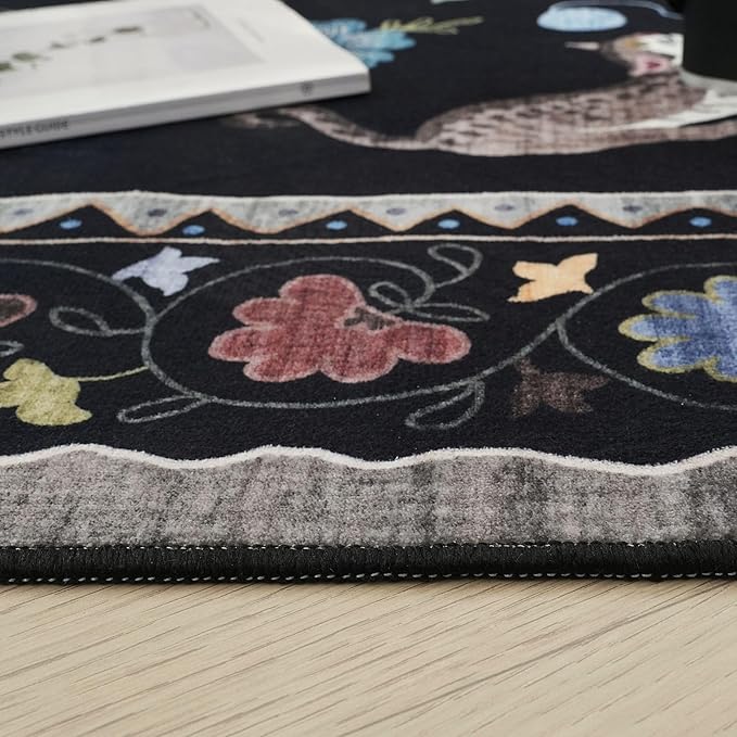 Rugcomf Living Room Rug 6x9 Rug Machine Washable Boho Area Rug Non Slip Floral Animal Cat Vintage Low Pile Large Rug for Living Room Bedroom Farmhouse Dining Room Kids Playroom, Black