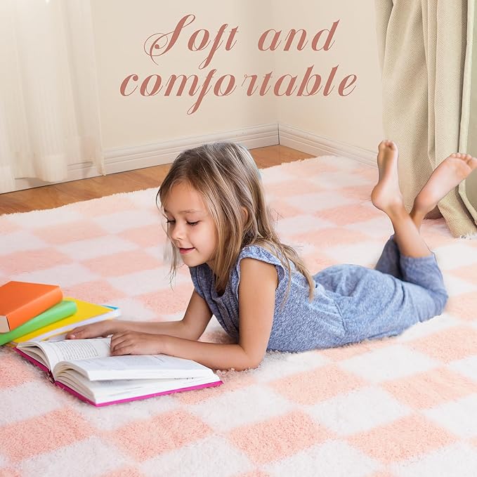 Super Soft Rug for Bedroom, 4x5.8 Ft Pink and White Area Rug Classic Checkered Shaggy Anti-Skid High Pile Soft Fluffy Rug Fuzzy Carpet for Living Room Bedroom Kids Room Nursery, Dorm Home Decor