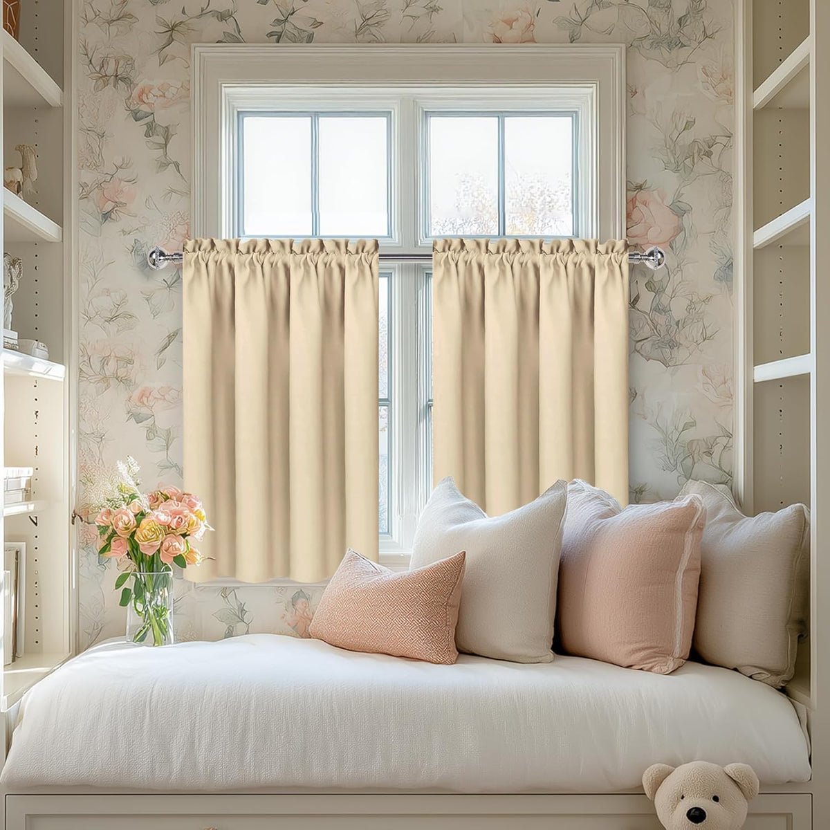 DWCN Blackout Curtains for Living Room Thermal Insulated, Energy Saving & Noise Reducing Bedroom Curtains, Beige, W 52x L 36 Inch, Set of 2 Rod Pocket Curtain Panels