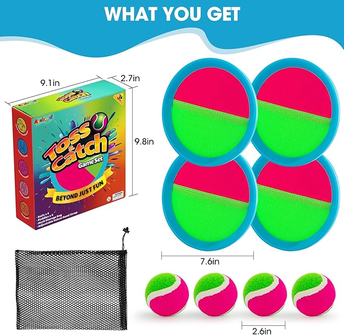 Ayeboovi Toss and Catch Ball Set Boys Toys Outdoor Toys Yard Games Outside Games Beach Toys for Kids Ball and Catch Game with 4 Paddles and 4 Balls [Upgraded Version]
