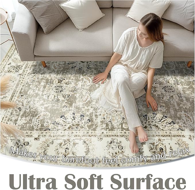 jinchan Runner Rug 2x6 Washable Hallway Runner - Vintage Floral Non Slip Low-Pile Soft Thin Kitchen Rug Distressed Carpet for Farmhouse Bedroom Entryway Laundry Room(2x6ft,Taupe)