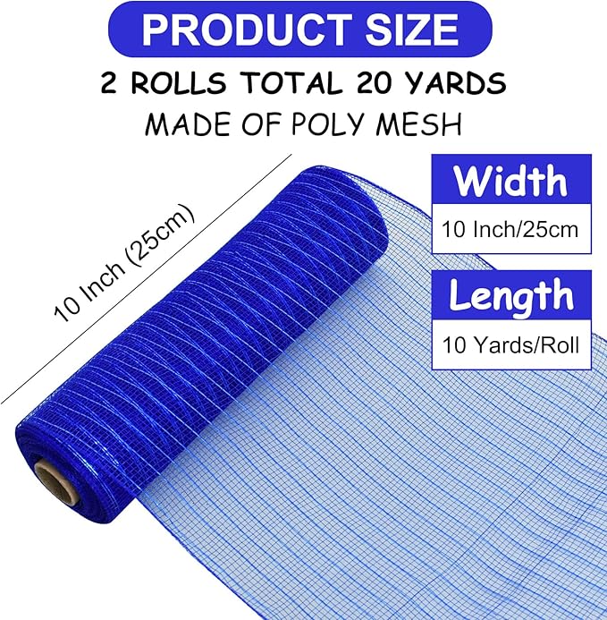 TONIFUL 2 Rolls 10 Inch Blue Decorative Mesh Ribbbon Rolls, Fabric Mesh with Foil for Wreath Supplies, Front Door Wreath Crafts Tree Decor Christmas NewYears Halloween Decoration (10 yds/roll)