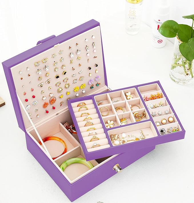 Girls Jewelry Box for Earrings Jewelry Organizer Box Teen Girls Earrings Organizer Jewelry Box with Earring Holder Organizer Stud Earring Box for Girls Womens Jewelry Case Organizer Purple