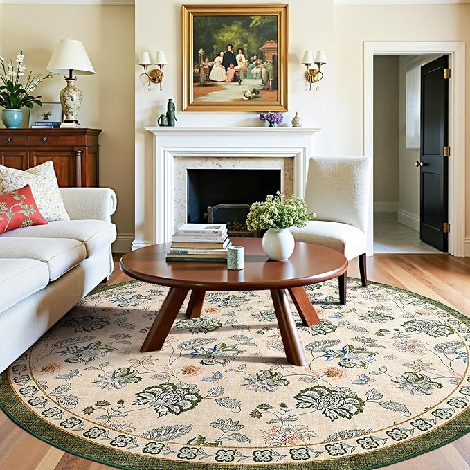 jinchan 8ft Floral Round Rug for Dining Room Washable Living Room Rug Vintage Romance Design Non Slip Indoor Floor Cover Lightweight Low-Profile Throw Carpet for Bedroom Porch Patio, Green/Beige