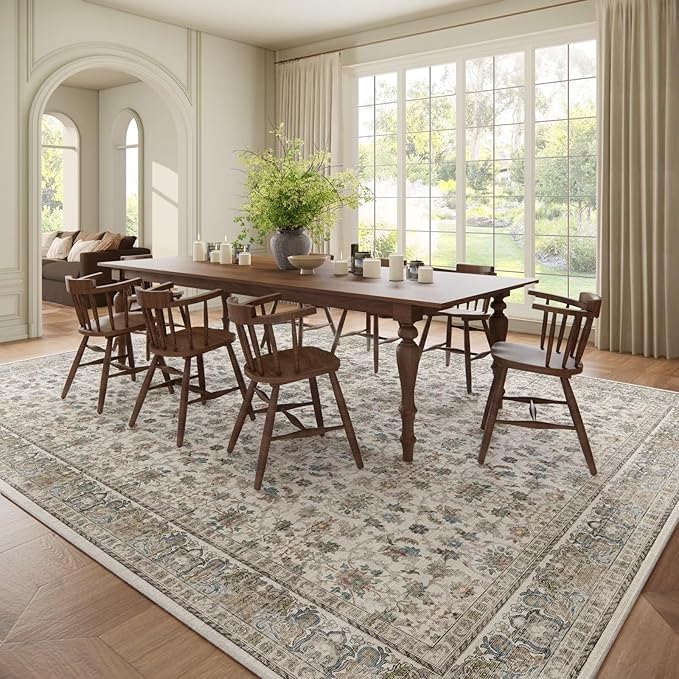 Washable 10x14 Area Rugs for Living Room, Boho Non-Slip Silicone Backing Rugs for Bedroom Dining Room Office, 0.3" Neutral Oriental Throw Carpet with 0.16" Cushioning Pad, Cream/Multi