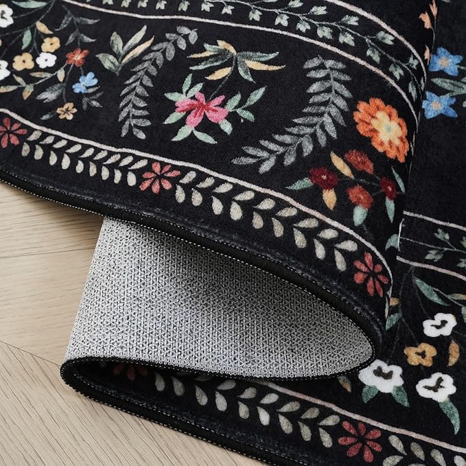 Rugcomf Runner Rug for Kitchen Rug Non Slip 2'6''x8' Washable Rugs with Rubber Backing Soft Floral Animal Carpet Runner for Kitchen, Laundry, Bedroom, Bathroom (Black)