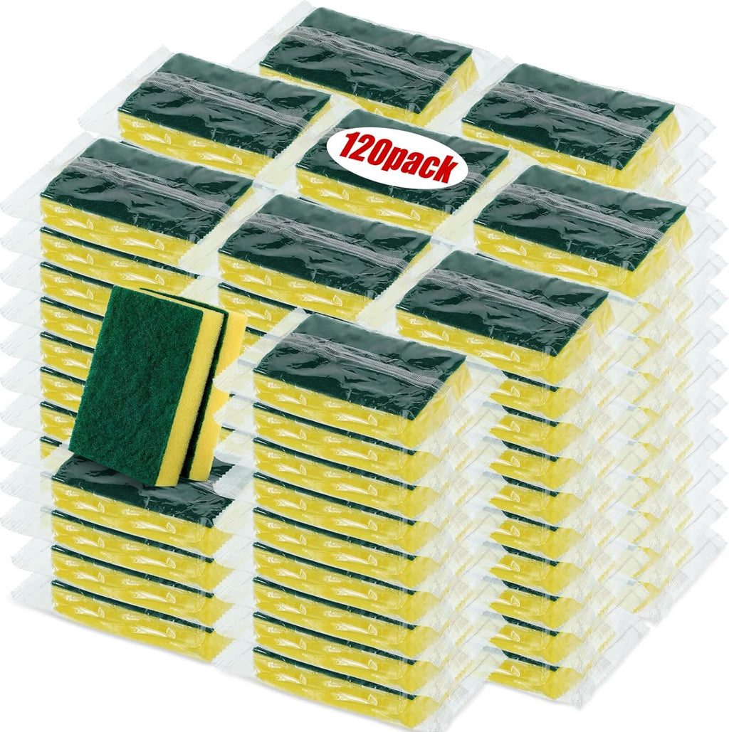 Tanlade 120 Pcs Individually Wrapped Sponge Dishwashing Sponge Bulk Non Scratch Scrub Sponges Kitchen Scouring Pad for Household Cleaning Rental Dishes Hotel Apartment Car (Yellow,Green)
