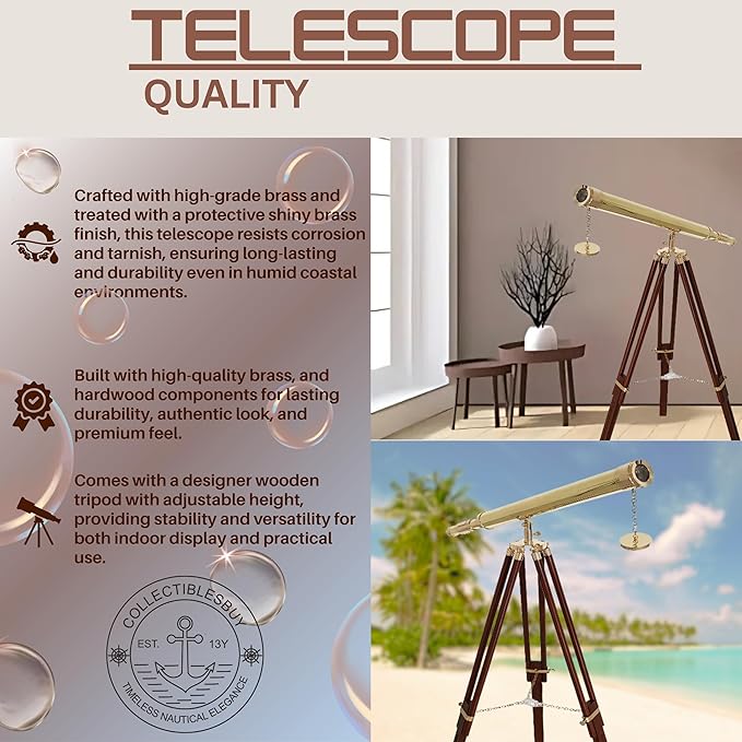 Shiny Brass Nautical Telescope with Wooden Tripod – Vintage Spyglass in Golden & Brown Finish for Home Office Decor, Collector Display & Maritime Gift