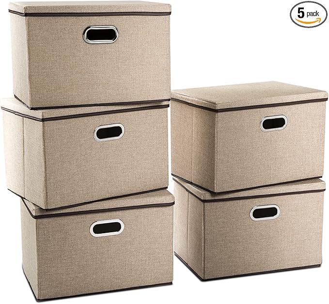 PRANDOM Extra Large Collapsible Storage Bins with Lids [5-Pack] Linen Fabric Foldable Storage Baskets Boxes Organizer Containers Cube with Cover for Bedroom Closet Office Nursery (22.8x15.75x13.8)