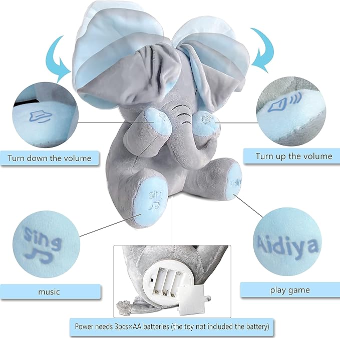 Aidiya Elephant Stuffed Animals Baby Gifts Peluches Ear Interactive Elephant Talking Singing Plush Toys for Girls Boys Gift Adjustable Volume 11.8" Set (Blue)