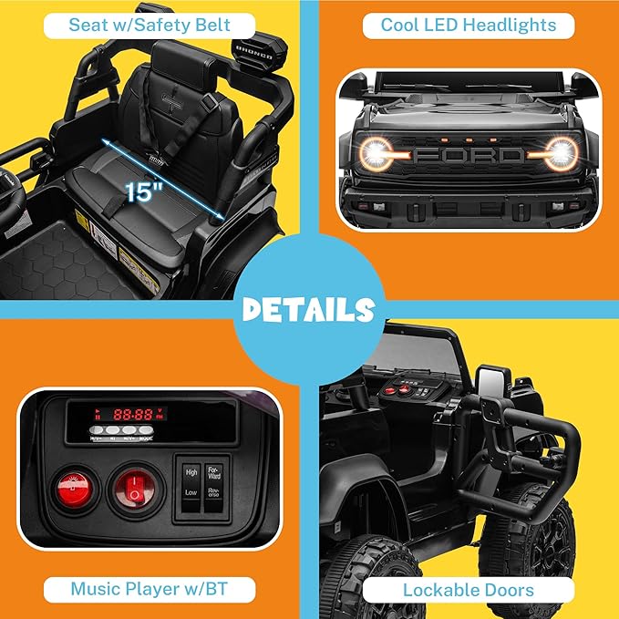 ENYOPRO 12V Licensed Ford Bronco Raptor Ride On Truck Car for Kids, Electric Play Car Ride-On Toy w/Parent Remote Control, 4-Wheel Suspension, Bluetooth Music, LED Lights, Ideal Kids Car Gift (Black)