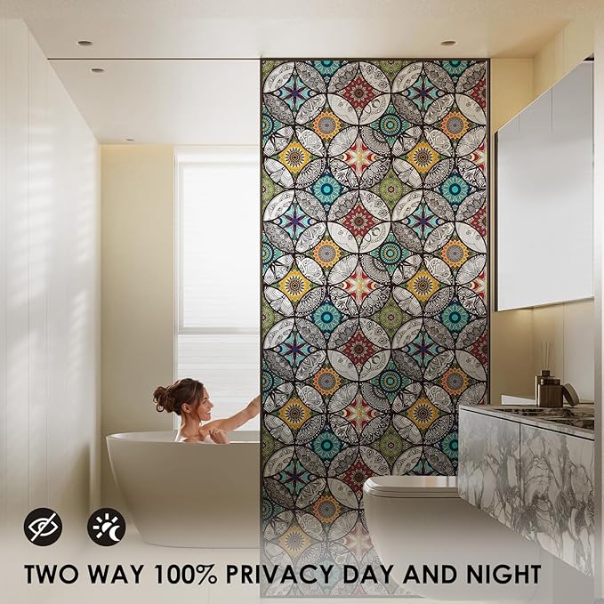 DKTIE Boho Chic Window Privacy Film with Installation Tools - Soften Light, Reduce UV Rays, Decorative Stained Glass Window Tinting Film for Home, 17.7 x 78.7 Inch