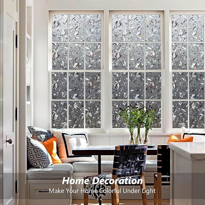 Kromapolis Window Film, Window Privacy Film Frosted, Vinyl Glass Covering, Stained Glass Decorative Film, Static Window Clings, Non-Adhesive (Grayish Black, 17.5 x 157.4 inch)