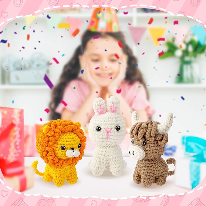 Crochet Kit for Beginners, Amigurumi Crochet Animal Kits, Crocheting Kit for Starters Adult Kids with Step-by-Step Video Tutorials, Animal Kits with Highland Cow, Lion, Bunny