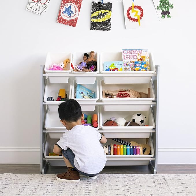 Humble Crew Kids Toy Storage Organizer with 12 Plastic Bins, Grey/White – Removable Bins for Playroom, Bedroom, Toddler Furniture for Boys and Girls Ages