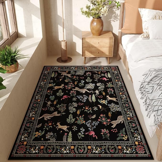 Rugcomf Bedroom Rug 3x5 Rug Washable Area Rug Non Slip Low Pile Boho Floral Animal Small Carpet for Bedroom, Bedside, Kitchen, Entryway, Kids Room, Office, College Dorm Essentials for Girls (Black)