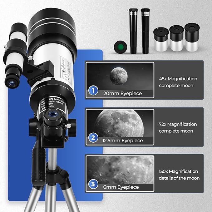 ESAKO Telescope for Kids & Beginners, 70mm Aperture Portable Telescopes with 3 Eyepieces, Height Adjustable Tripod & Phone Adapter & Remote Control