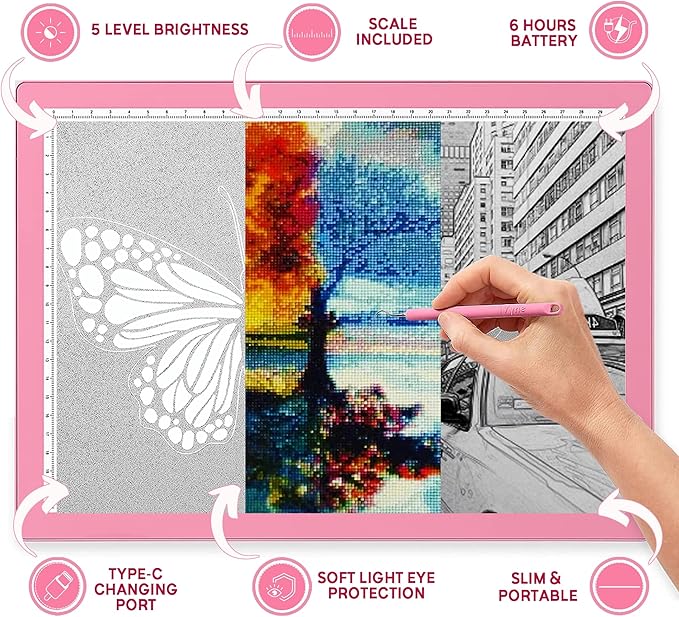 iVyne Rechargeable A4 Light Pad for Tracing & Weeding - LED Light Board for Weeding Vinyl - for Cricut Vinyl Weeding Tools - Ultra-Thin & Portable - Perfect for Artists & Crafters - Pink