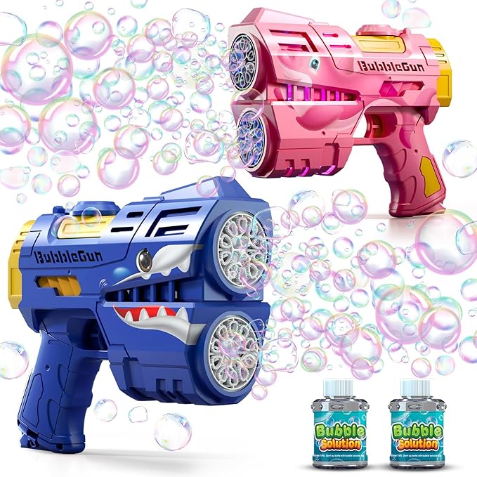 Jasny 2 Pack Bubble Guns for Kids, Rechargeable LED Light Up Dinosaur Bubbles Machine Blower with 2 Bottles Refill Solution for Toddlers 4-8, Birthday Gift