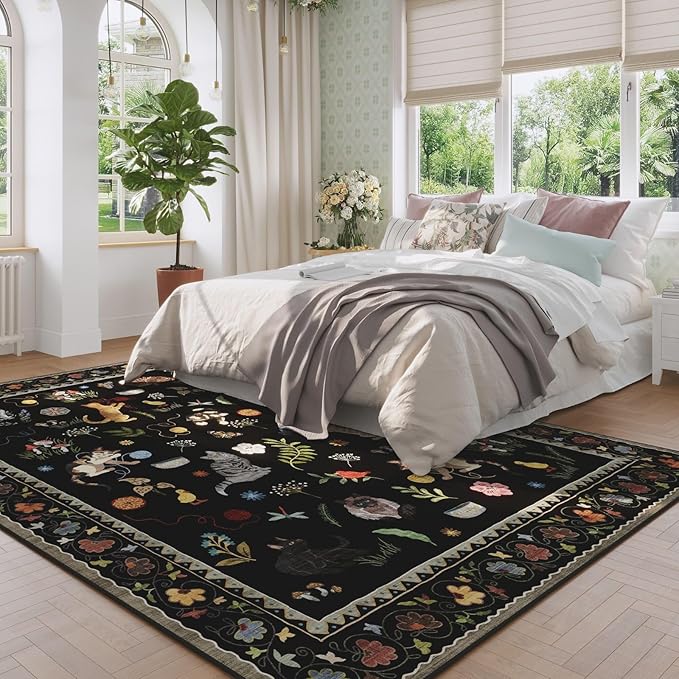 Rugcomf Living Room Rug 6x9 Rug Machine Washable Boho Area Rug Non Slip Floral Animal Cat Vintage Low Pile Large Rug for Living Room Bedroom Farmhouse Dining Room Kids Playroom, Black
